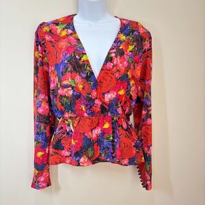 The Kooples Silk Floral Blouse sz 1/S Red Peplum Summer Nights Parisian Luxury